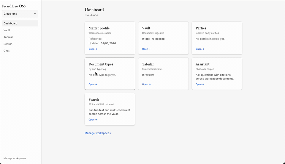 Picard OSS demo: vault, tabular review, and citation-grounded chat